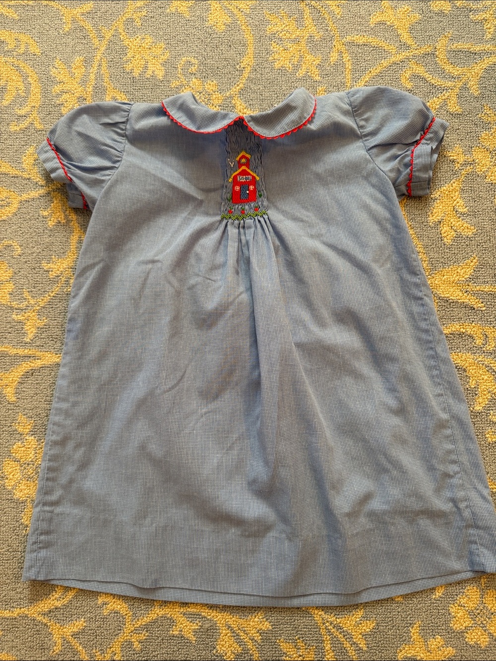 Vintage Girls' Light Blue Smocked Schoolhouse Dress with Red Trim